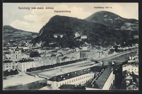 AK Salzburg, Blick vom elektr. Aufzug mit Kapuzinerberg und Gaisberg