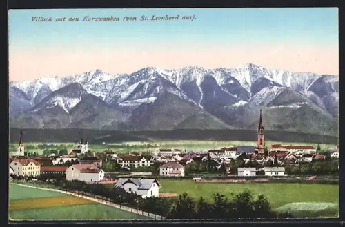 AK Villach, Ortsansicht mit den Karawanken von St. Leonhard aus