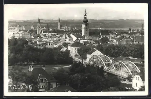 AK Wels, Teilansicht mit Brücke aus der Vogelschau