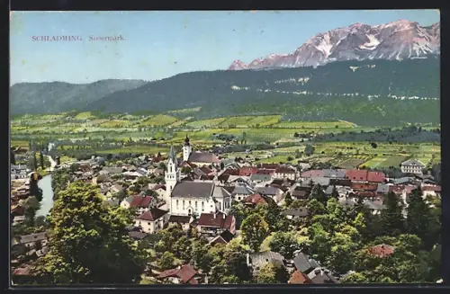 AK Schladming /Steiermark, Panorama mit Kirche