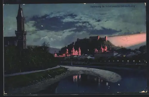 AK Salzburg, Teilansicht mit Flusspartie und Festung in Scheinwerferbeleuchtung