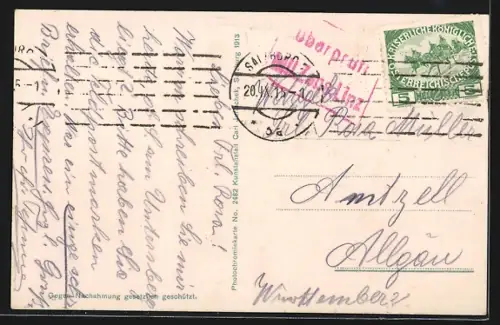 AK Salzburg, Teilansicht mit Flusspartie und Festung in Scheinwerferbeleuchtung