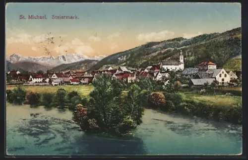 AK St. Michael /Steiermark, Ortsansicht mit Uferpartie