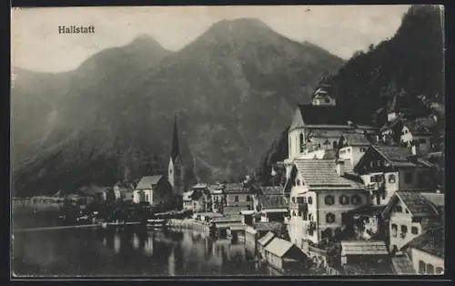 AK Hallstatt, Uferpartie mit Kirche