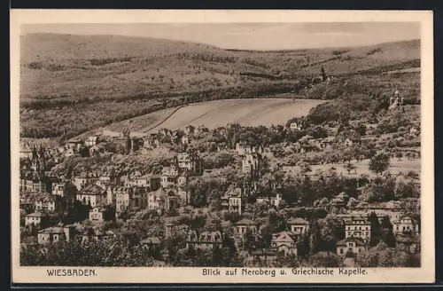 AK Wiesbaden, Blick auf Neroberg, Griechische Kapelle, Hotel-Restaurant Neroberg