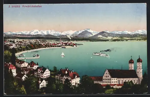 AK Friedrichshafen, Stadtansicht, Bodensee, Alpenpanorama, Kirche, Dampfer