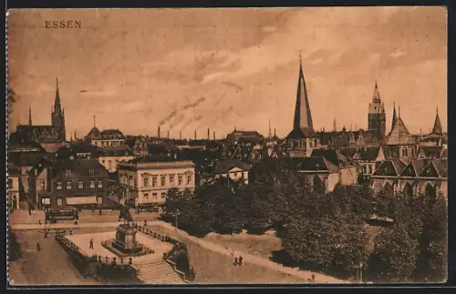 AK Essen / Ruhr, Stadtpanorama mit Denkmal und Kirchen