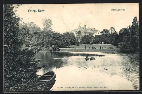 AK Essen /Ruhr, Stadtgarten, Teich, Parkansicht
