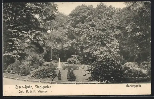 AK Essen /Ruhr, Stadtgarten, Gartenpartie, Inh. H. & F. Wieneke