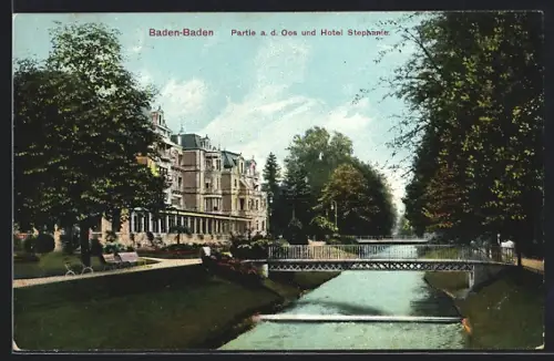 AK Baden-Baden, Partie an der Oos und Hotel Stephanie