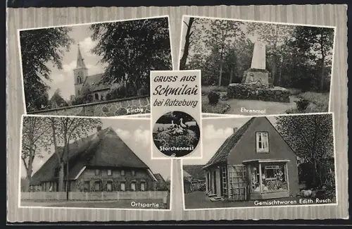 AK Schmilau bei Ratzeburg, Gemischtwaren Edith Rusch, Kirche, Ehrenmal, Storchennest