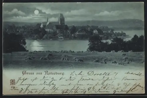 Mondschein-AK Ratzeburg, Ortsansicht mit See bei Nacht