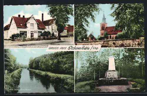 AK Schmilau /Lbg., Bäckerei Lebensmittel Werner Ollmann, Kirche, Ehrenmal, Am Schaalsee-Kanal