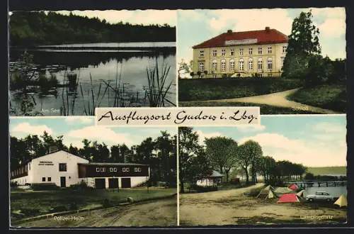 AK Gudow i. Lbg., Schloss, Polizei-Heim, Campingplatz, Partie am See