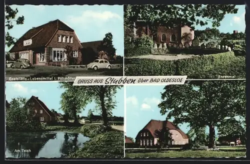 AKStubben / Lauenburg, Gaststätte-Lebensmittel I. Pehmöller, Ehrenmal, Schule, Am Teich, VW Käfer