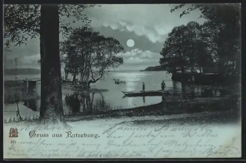 Mondschein-AK Ratzeburg, Seeufer mit Booten bei Vollmond