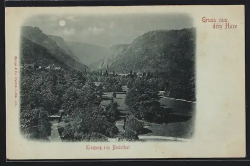 Mondschein-AK Bodethal /Harz, Eingang ins Bodethal