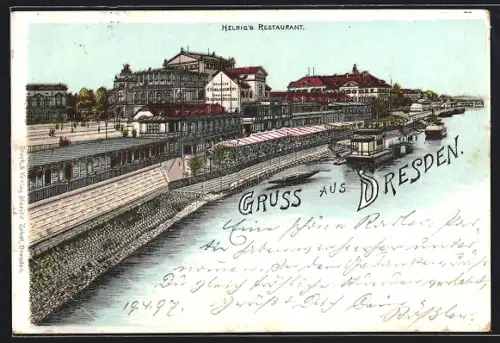 Lithographie Dresden, Helbig`s Restaurant, Flusspartie mit Booten