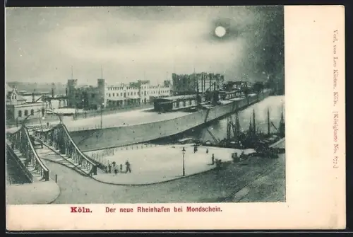 Mondschein-AK Köln, Neuer Rheinhafen bei Vollmond
