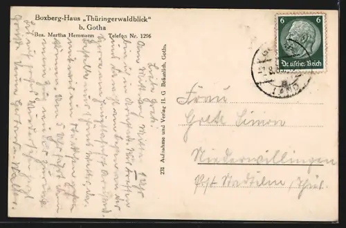 AK Gotha, Gasthof Boxberg-Haus Thüringerwaldblick, Bes. Martha Hemmann