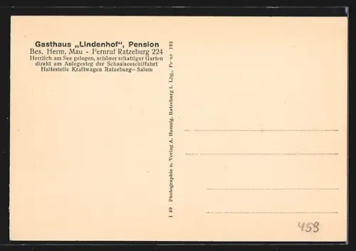 AK Salem b. Ratzeburg, Gasthaus Lindenhof, Bes. Herm. Mau