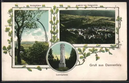 AK Dannenfels, Moltkefelsen, Ansicht von Dannenfels, Ludwigsturm