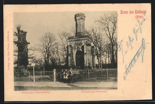 AK Göllheim /Pfalz, Königkreuz-Denkmal, 600jähriger Rüsterbaum