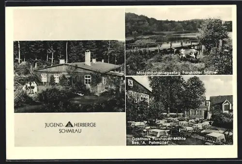 AK Schmilau, Jugendherberge, Gasthaus Farchauer Mühle, Bes. A. Pehmüller, Motorbootanlegesteg Farhdauer Mühle