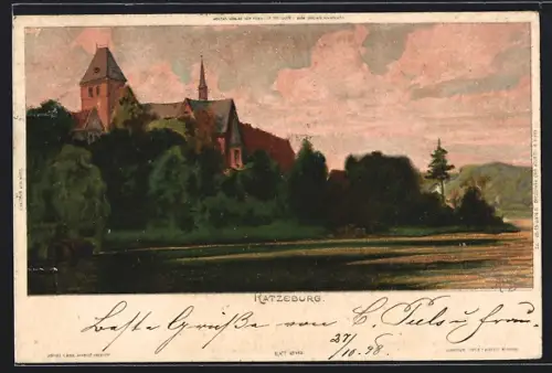 Lithographie Ratzeburg, Blick auf Dom und See