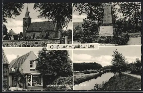 AK Schmilau /Lbg., Kaufhaus Hans Rusch, Kirche, Kriegerdenkmal, Am Kanal