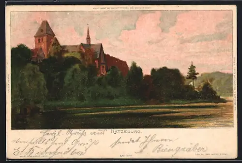 Lithographie Ratzeburg, Ortsansicht vom Wasser aus