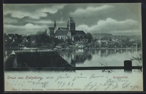 Mondschein-AK Ratzeburg, Totalansicht im Vollmondlicht