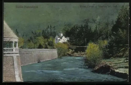 AK Baile-Herculane, Valea Cernei si biserica ort. rom.