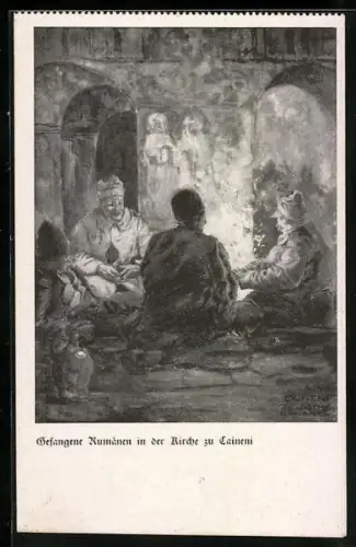 Künstler-AK Caineni, Gefangene Rumänen in der Kirche