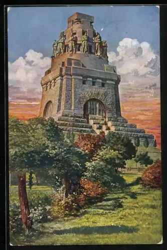 Künstler-AK Leipzig, Völkerschlachtdenkmal im Abendrot