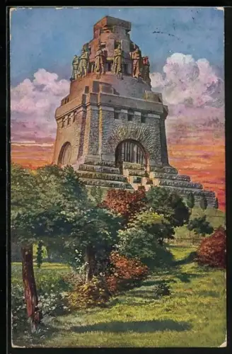 Künstler-AK Leipzig, Völkerschlachtdenkmal im Abendrot