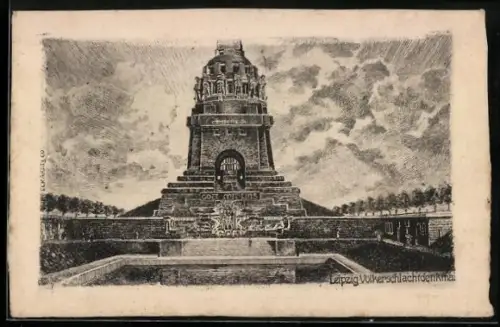 Künstler-AK Leipzig, Völkerschlachtdenkmal mit Besuchern