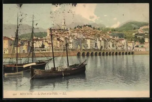 AK Menton, Le Port et la Ville, Hafenpartie gegenüber der Altstadt