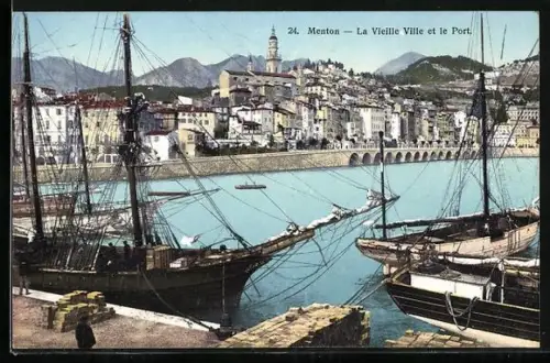 AK Menton, La Vieille Ville et le Port, Partie im Hafen mit Blick zur Altstadt