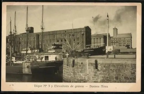 AK Buenos Aires, Dique No 3 y Elevadores de granos, Schiffe an der Quaimauer im Hafen