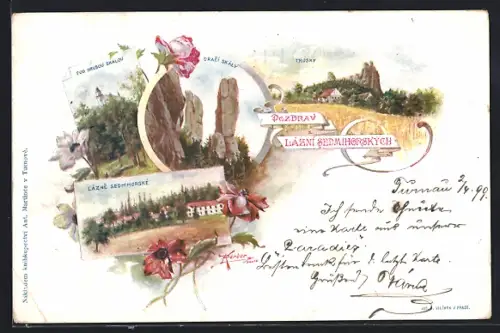 Lithographie Lázne Sedmihorky, Pod Hrubou Skalou, Drací Skály, Trosky