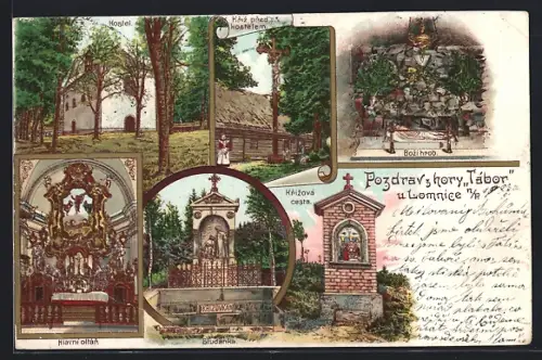 Lithographie Lomnice N. P., Studanka, Kostel, Bozi hrob