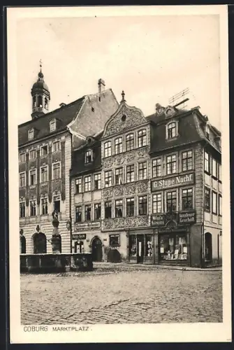 AK Coburg, Marktplatz, Brunnen, Geschäft G. Stupe Nachf.