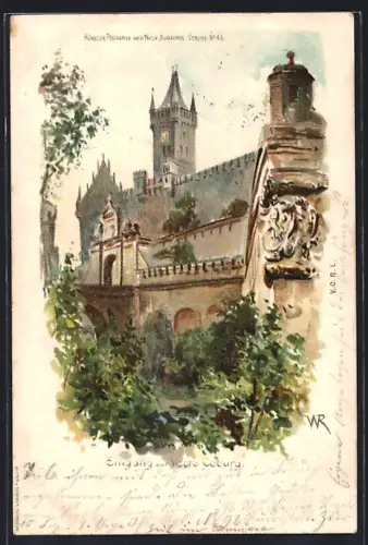 Lithographie Coburg, Eingang zur Veste Coburg