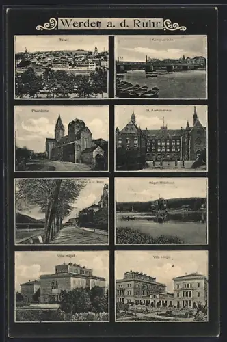 AK Werden a. d. Ruhr, Total, Königsbrücke, Pfarrkirche, St. Kamiliushaus, Villa Hügel
