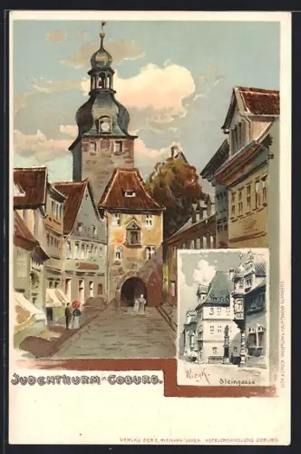 Lithographie Coburg, Judenturm, Steingasse