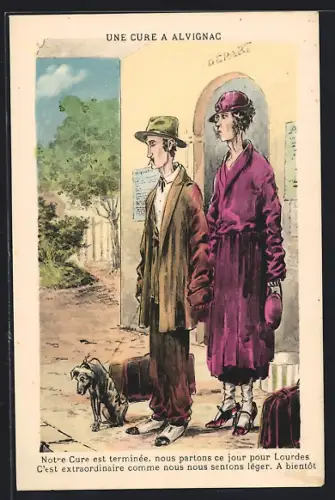 Künstler-AK Alvignac, Une cure à Alvignac, départ pour Lourdes après une cure réussie