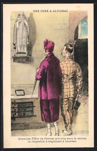 Künstler-AK Alvignac, Une cure à Alvignac avec une statue et un couple observateur