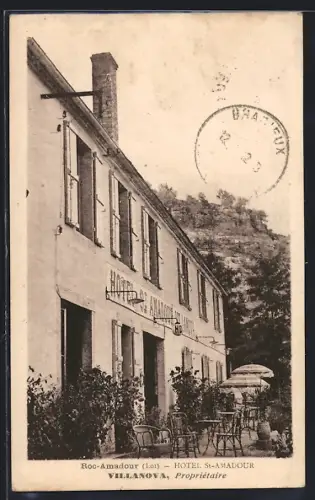 AK Roc-Amadour /Lot, Hôtel St-Amadour avec terrasse et vue sur la falaise