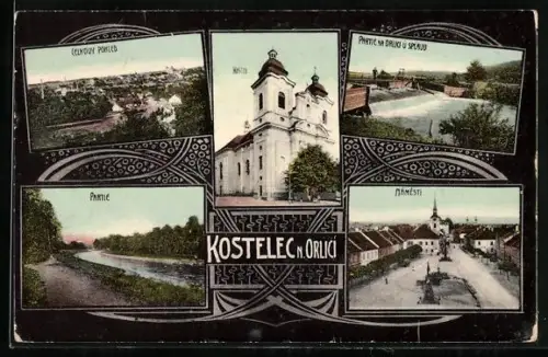 AK Kostelec n. Orl., Kostel, Partie, Namesti, Celkowy Pohled